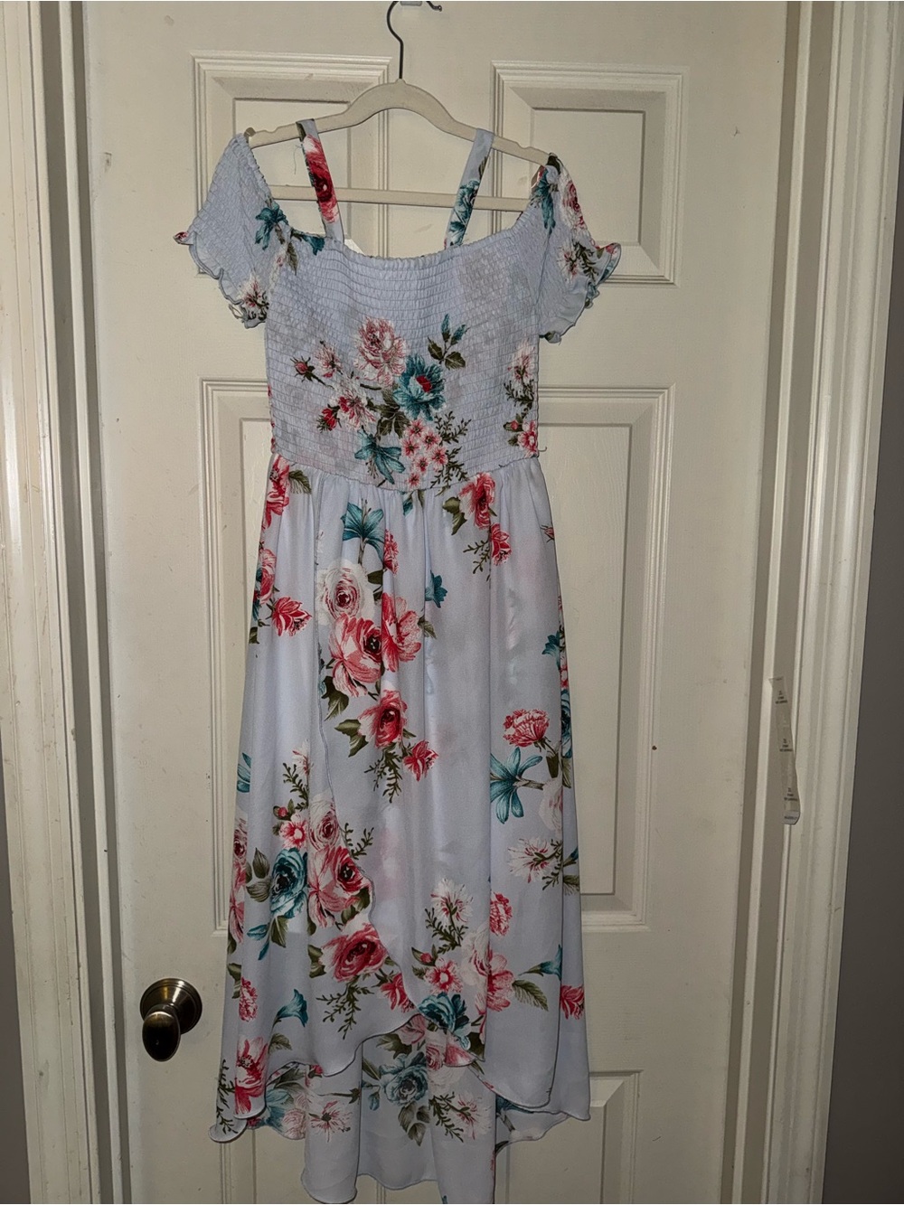 Floral Off-Shoulder Midi Dress in Light Blue with Pink & Teal Blooms